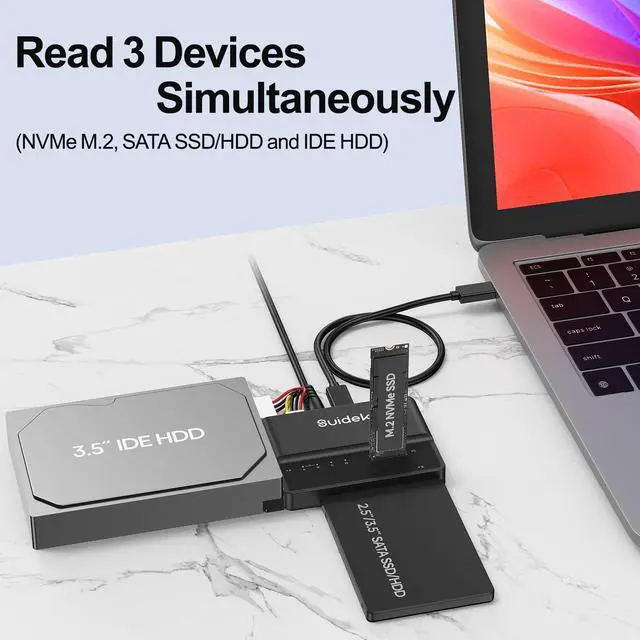 Alt view image 4 of 5 - SUIDEK NVMe M.2 to SATA Adapter, USB 10 Gbps Hard Drive Reader Tool Free PCIe NVMe, SATA and IDE Adapter, Converter Supports M Key Any Sizes M.2 SSD, 2.5/3.5 SATA SSD HDD and 3.5 IDE HDD
