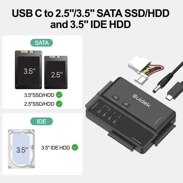 Alt view image 2 of 5 - USB 3.0 to IDE and SATA Adapter, Type-C 5Gbps External Hard Drive Reader Converter for 2.5/3.5 SATA HDDs SSDs and 3.5 IDE HDDs with Offline Clone Function, Included 12V2A Power Adapter