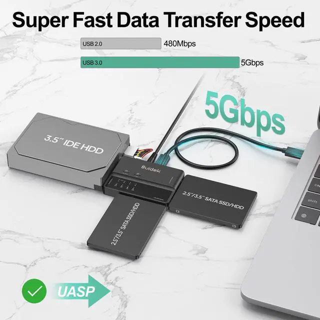 Alt view image 3 of 5 - USB 3.0 to IDE and SATA Adapter, Type-C 5Gbps External Hard Drive Reader Converter for 2.5/3.5 SATA HDDs SSDs and 3.5 IDE HDDs with Offline Clone Function, Included 12V2A Power Adapter
