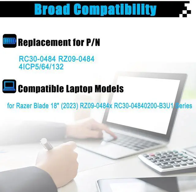 Alt view image 3 of 5 - AOMKA RC30-0484 Laptop Battery Replacement for Razer Blade 18" (2023) RZ09-0484x RC30-04840200-B3U1 Series Notebook RZ09-0484 4ICP5/64/132 91.7Wh 5955mAh 15.4V