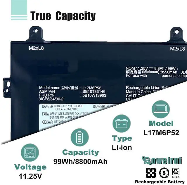 Alt view image 3 of 5 - BOWEIRUI L17M6P52 01AV498 L17C6P51 Laptop Battery Compatible with Lenovo ThinkPad P72 P73 Series Notebook 01AV497 SB10K97636 SB10K97637 11.25V 8800mAh 99Wh 3-Cell