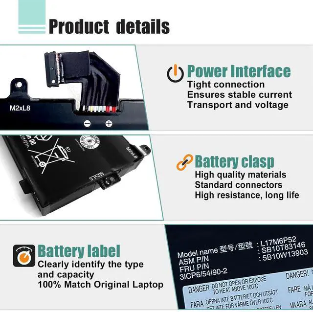 Alt view image 4 of 5 - BOWEIRUI L17M6P52 01AV498 L17C6P51 Laptop Battery Compatible with Lenovo ThinkPad P72 P73 Series Notebook 01AV497 SB10K97636 SB10K97637 11.25V 8800mAh 99Wh 3-Cell