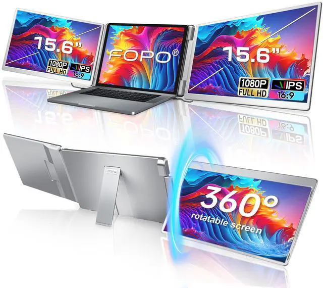 Main image of FOPO 15.6 Triple Laptop Screen Extender, Left Screen 360deg Rotation Laptop Monitor Extender, Plug and Play Triple Monitor for 13-17" Laptops with USB-C/HDMI, for Windows/Mac(M1/M2/M3) Pro/Max - S10