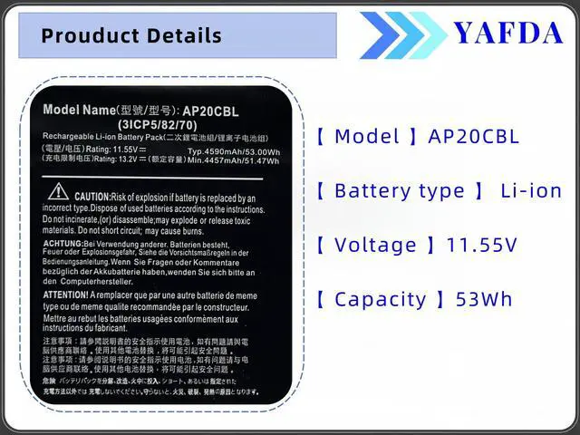 Alt view image 3 of 5 - Yafda AP20CBL Battery Replacement for Acer Aspire 5 A515 A315-58 A515-45G A515-46 A515-56 A515-56T A715-42G Swift 3 SF314-511 SF314-43 Vero AV14-51-53YS AV15-51 TravelMate Spin B3 Chromebook 315