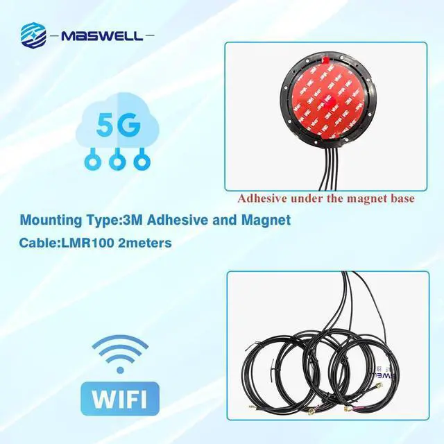 Alt view image 4 of 5 - Maswell 4 Combo 2X2 5G MIMO Plus 2X2 MIMO WIFI6 Antenna Cellular 700-4900MHz Both Magnet and Adhesive Mount Bluetooth Wimax Zigbee Antenna SMA Male for RP SMA Plug for WiFi not for Speed Competition