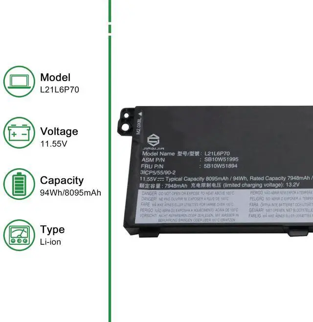 Alt view image 2 of 5 - JIAZIJIA L21L6P70 Laptop Battery Replacement for Lenovo ThinkPad P16 Gen 1 2022 Gen 2 2023 Series Notebook SB10W51995 5B10W51894 L21M6P70 SB10W51994 5B10W51893 Black 11.55V 94Wh 8095mAh