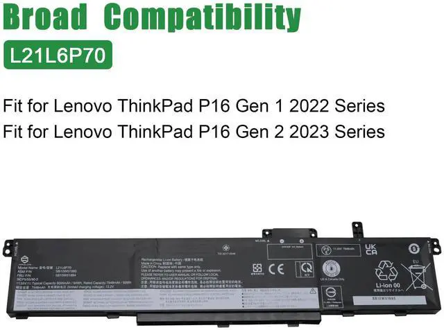 Alt view image 4 of 5 - JIAZIJIA L21L6P70 Laptop Battery Replacement for Lenovo ThinkPad P16 Gen 1 2022 Gen 2 2023 Series Notebook SB10W51995 5B10W51894 L21M6P70 SB10W51994 5B10W51893 Black 11.55V 94Wh 8095mAh