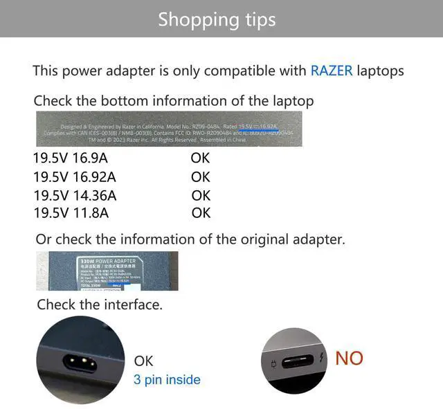 Alt view image 2 of 5 - 330W Portable AC Adapter 19.5V 16.92A Replacement RC30-0484 Compatible with Razer Blade 16 18 i9-13980HX RTX4090 13950HX RTX4080 Laptop Charger