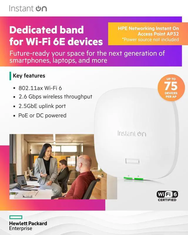 Alt view image 3 of 5 - HPE Networking Instant On Access Point AP32 2x2 WiFi 6E Indoor Wireless Access Point | Secure, Tri-Band, Future Ready | Power Source Not Included | US Model (S1T22A)