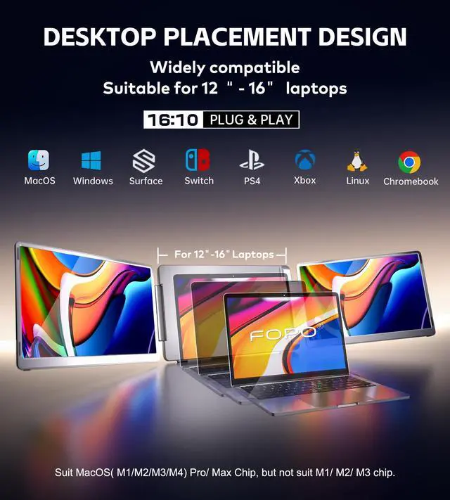 Alt view image 4 of 5 - FOPO 14" Triple Monitor Laptop Screen Extender-FHD 1200P 16:10 Laptop Screen Extender, Left Screen 360deg Flip Portable Monitor for 12-16" Laptops with HDMI/USB - C, Plug & Play - S7