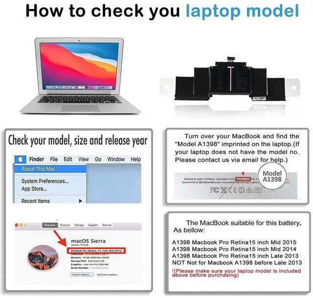 Alt view image 2 of 5 - A1618 Battery Replacement Compatible with Apple MacBook Pro 15-inch A1398 (Mid 2015, EMC 2909 2910), 11.36V 99.5Wh Li-ion