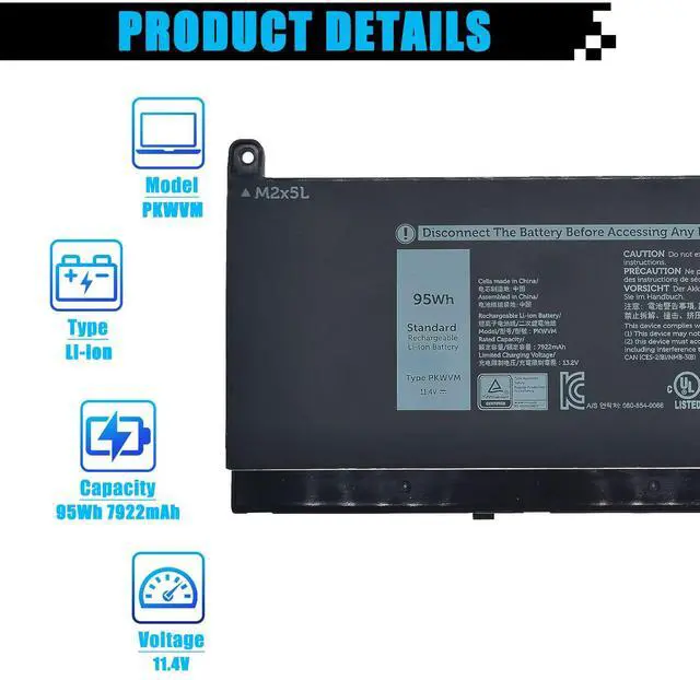 Alt view image 2 of 5 - AOMKA PKWVM Laptop Battery Replacement for Dell Precision 7550 7750 7560 7760 P44E P93F P44E001 P44E002 P93F001 P93F002 Series C903V 0C903V 0CR72X CR72X 068N03 0447VR 68ND3 453-BBCQ 95Wh 11.4V