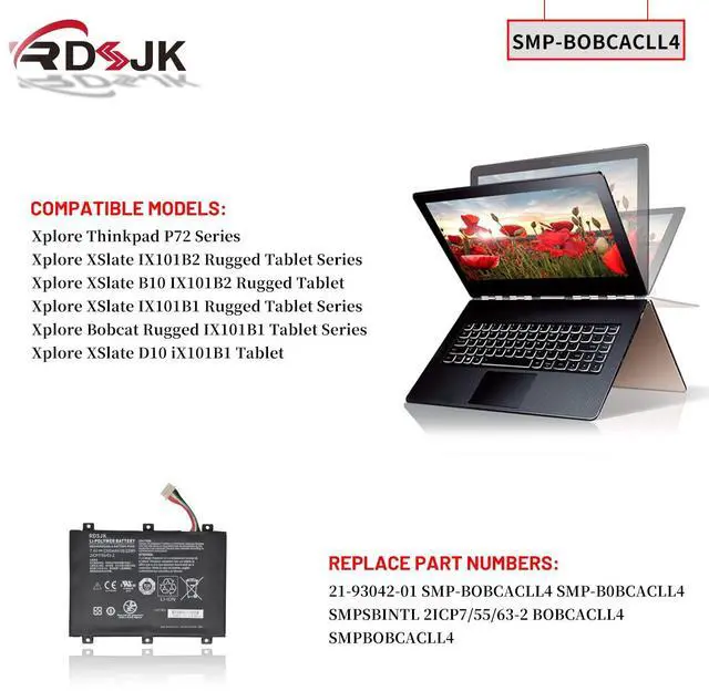 Alt view image 3 of 5 - SMP-BOBCACLL4 21-93042-01 Laptop Battery for Xplore XSlate B10 IX101B2 D10 iX101B1 Bobcat Rugged IX101B1 Thinkpad P72 Series SMP-B0BCACLL4 SMPSBINTL 2ICP7/55/63-2 7.4V 39.22Wh