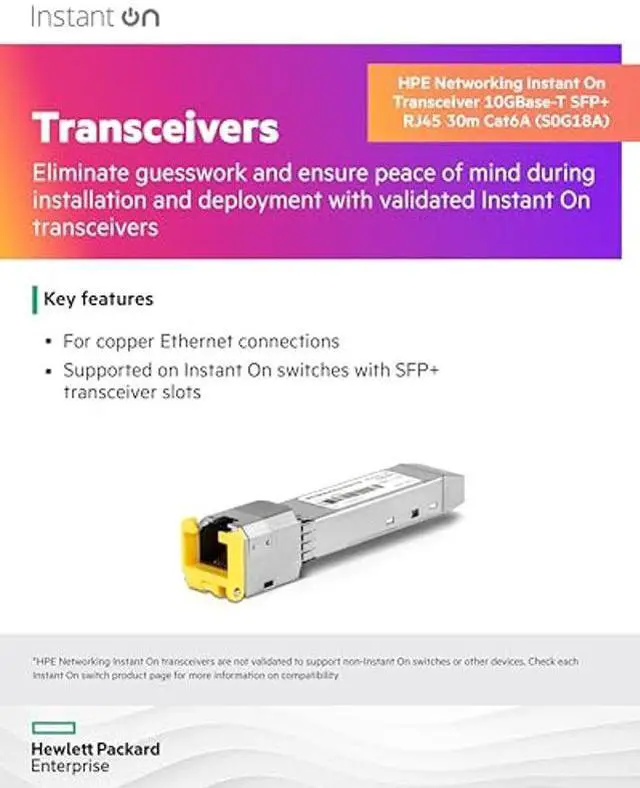 Alt view image 2 of 2 - HPE Networking Instant On 10GBase-T SFP+ RJ45 30m Cat6A Transceiver for Copper Ethernet Connections (S0G18A)