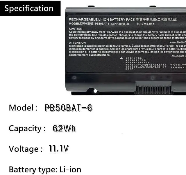 Alt view image 4 of 5 - Uniwings PB50BAT-6 Battery for Clevo PB51RF-G PB70EF-G PB71EF-G for PowerSpec 1720 1520 for Sager NP8371 NP8377 NP8451 NP8454 Schenker XMG Pro 15 15-M19 17-E20 17-M19 Cjscope MX756 Hasee A7000