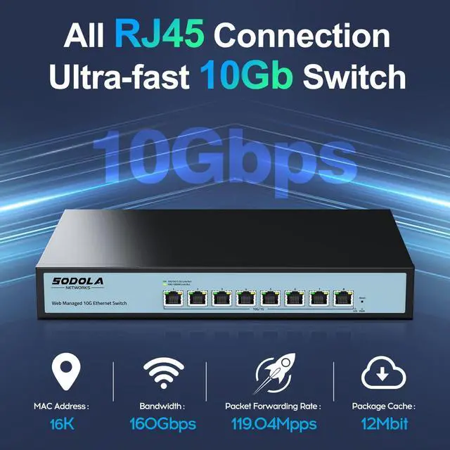 Alt view image 3 of 5 - SODOLA 8 Port 10Gb Easy Web Managed Switch, 8 x 10G RJ-45 Ports, 160Gbps Bandwidth, Support LACP, VLAN, QoS, 10G/5G/2.5G/1000M/100M Auto-Negotiation, Multi-Gigabit Managed Ethernet Switch