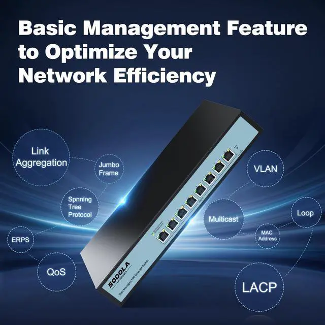 Alt view image 4 of 5 - SODOLA 8 Port 10Gb Easy Web Managed Switch, 8 x 10G RJ-45 Ports, 160Gbps Bandwidth, Support LACP, VLAN, QoS, 10G/5G/2.5G/1000M/100M Auto-Negotiation, Multi-Gigabit Managed Ethernet Switch