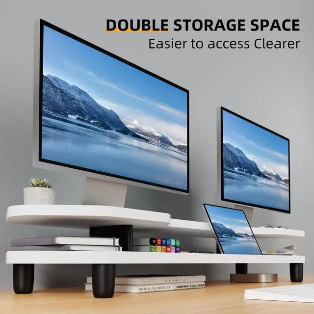 Alt view image 4 of 5 - AFOOYO 2 Tier Dual Monitor Stand Riser,Wider Board Computer Monitor Stand for 2 Monitors,Slot For Phone/Tablet Office Desktop Organizer for Laptop,PC,Computer,Printer,White