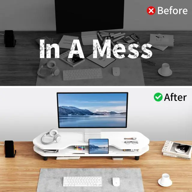 Alt view image 5 of 5 - AFOOYO 2 Tier Dual Monitor Stand Riser,Wider Board Computer Monitor Stand for 2 Monitors,Slot For Phone/Tablet Office Desktop Organizer for Laptop,PC,Computer,Printer,White