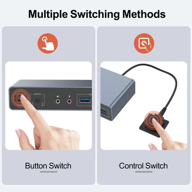 Alt view image 5 of 5 - Alxum HDMI Displayport USB 3.0 KVM Switch-2 monitors to 2 computers Dual Mode Switching 4K@60Hz 3 USB A 5Gbps High-Speed Transmission,Includes 2 USB-B cables,DC 5V Power Adapter and Desktop Controller