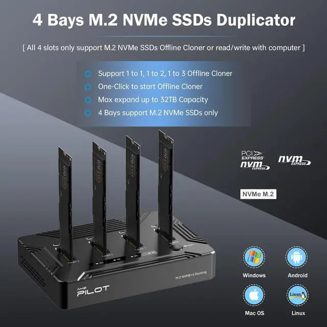 Alt view image 2 of 5 - AMZPILOT 4 Bays M.2 NVMe Duplicator Offline Cloner USB 4 Type C to SSD Docking Station, 40Gbps M.2 Copy Reader for (M Key, B+M Key) PCIE Dock, Size for 22110 2280 2260 2242 2230 Enclosure - Pilot C4C