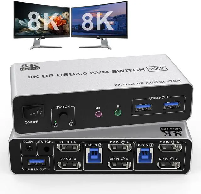 Main image of 8K USB 3.0 DisplayPort KVM Switch 2 Computers 2 Monitors 8K@60Hz 4K@144Hz, Dual Monitor Displayport KVM Switches with Audio Microphone Output and 3 USB 3.0 Ports, Desktop Controller and 2 USB Cables
