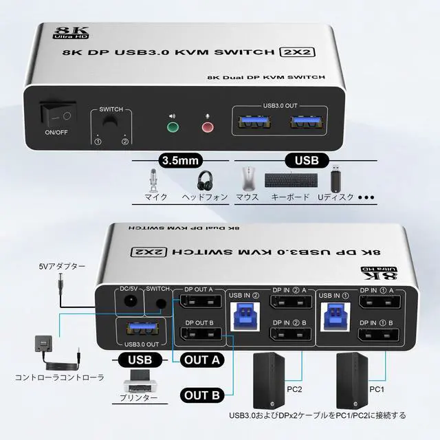Alt view image 2 of 5 - 8K USB 3.0 DisplayPort KVM Switch 2 Computers 2 Monitors 8K@60Hz 4K@144Hz, Dual Monitor Displayport KVM Switches with Audio Microphone Output and 3 USB 3.0 Ports, Desktop Controller and 2 USB Cables