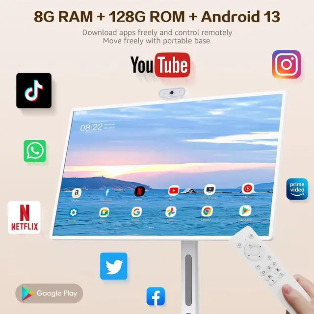 Alt view image 2 of 5 - Armerboard 32" 1080P Portable TV with Touch Screen Monitor on Wheels, Built-in Android OS13, 8GB RAM and 128GB ROM, Full Swivel Rotation Rolling Tablet for Home