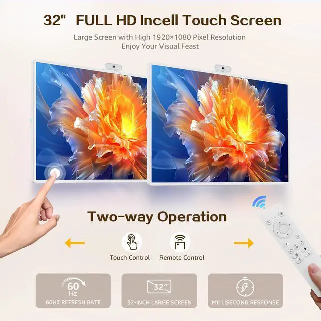 Alt view image 4 of 5 - Armerboard 32" 1080P Portable TV with Touch Screen Monitor on Wheels, Built-in Android OS13, 8GB RAM and 128GB ROM, Full Swivel Rotation Rolling Tablet for Home