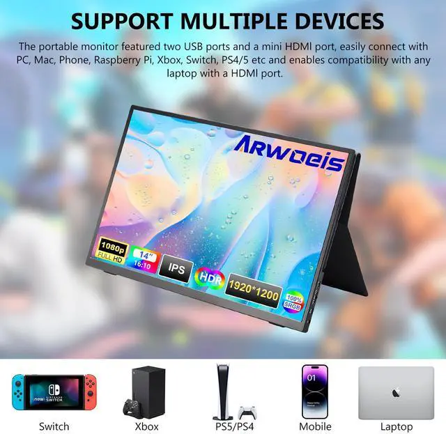 Alt view image 4 of 5 - ARWOEIS 14 inch Portable Monitor FHD 1920X1200P, USB-C HDMI, External Portable Laptop for Monitor, PC,Mac Phone,Xbox,Swich,PS,w/Premium Smart Cover