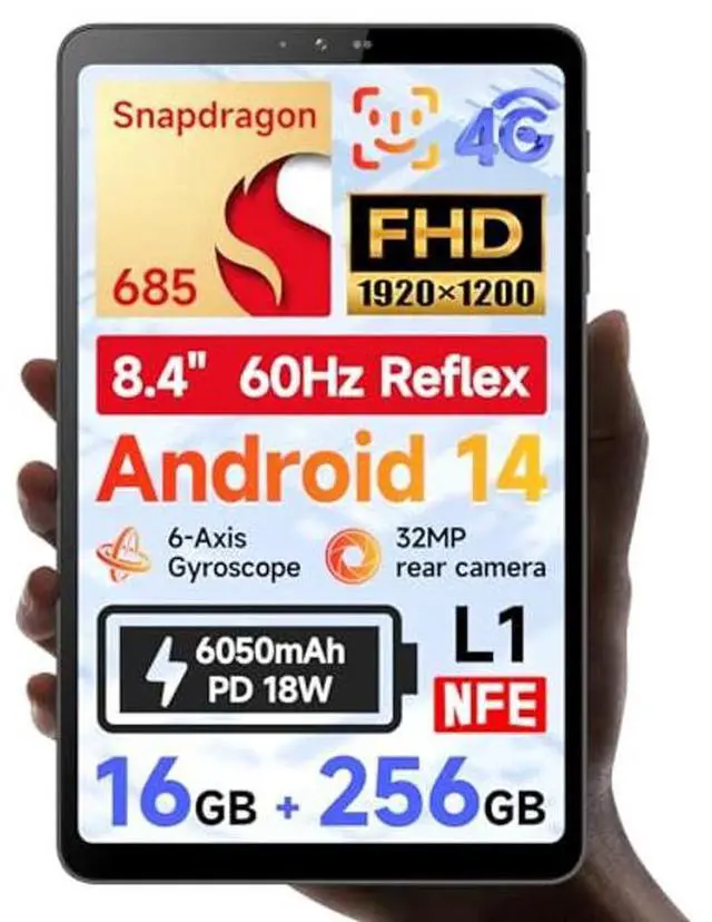 Main image of BNCF 8.4 inch Snapdragon 685 Android 14 Tablet, FHD IPS 1920x1200 Resolution 60Hz Reflex Bpad mini with Widevine L1, 16GB+256GB(1TB Expand), 5MP+32MP Camera, 4G LTE+2.4G/5G WiFi+BT5.0+GPS, 6050mAh