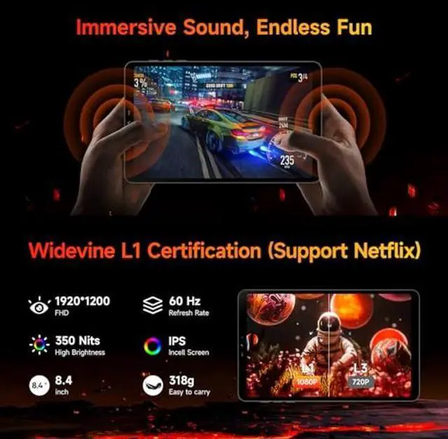 Alt view image 4 of 5 - BNCF 8.4 inch Snapdragon 685 Android 14 Tablet, FHD IPS 1920x1200 Resolution 60Hz Reflex Bpad mini with Widevine L1, 16GB+256GB(1TB Expand), 5MP+32MP Camera, 4G LTE+2.4G/5G WiFi+BT5.0+GPS, 6050mAh