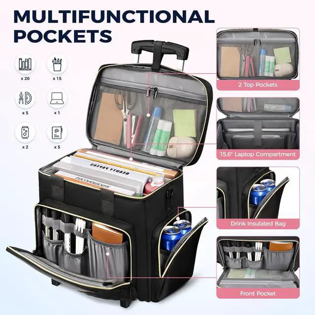 Alt view image 4 of 5 - Ytonet Rolling Teacher Bag, Multifunctional Teacher Tote Bag with Detachable Dolly & File Tote, Large Rolling Briefcase with 15.6" Padded Laptop Compartment for Teaching, Office, Work, Craft, Black