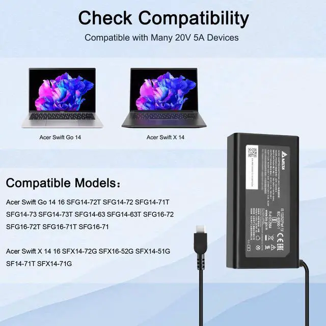 Alt view image 2 of 5 - 100W 90W Laptop Charger for Acer Swift Go 14 16 SFG14-72T SFG14-71T SFG14-73T SFG14-63T SFG16-72T SFG16-71T Acer Swift X 14 16 SFX14-72G SFX16-52G SF14-71T Delta ADP-100XB B