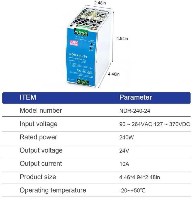 Alt view image 2 of 5 - DrapeMania NDR-240-24 240W 24V 10A Industrial Single Output DIN Rail Power Supply - Reliable AC to DC Converter for Data Center and Server Equipment