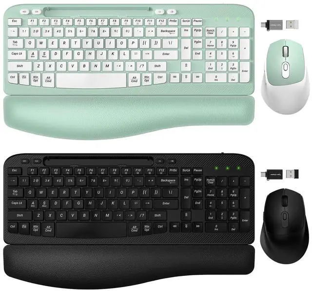 Main image of 2 Pack Wireless Keyboard and Mouse Combo, EAYBLLY Wave Keys Wireless Ergonomic Keyboard with Cushioned Wrist Rest, Phone Holder, 2.4GHz Silent Cordless Keyboard Mouse Set