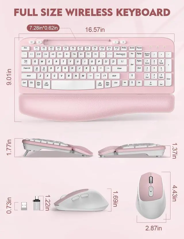 Alt view image 3 of 5 - 2 Pack Wireless Keyboard and Mouse Combo, EAYBLLY Wave Keys Wireless Ergonomic Keyboard with Cushioned Wrist Rest, Phone Holder, 2.4GHz Silent Cordless Keyboard Mouse Set