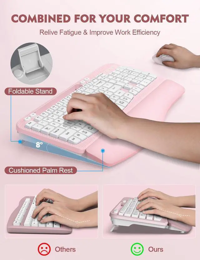 Alt view image 4 of 5 - 2 Pack Wireless Keyboard and Mouse Combo, EAYBLLY Wave Keys Wireless Ergonomic Keyboard with Cushioned Wrist Rest, Phone Holder, 2.4GHz Silent Cordless Keyboard Mouse Set
