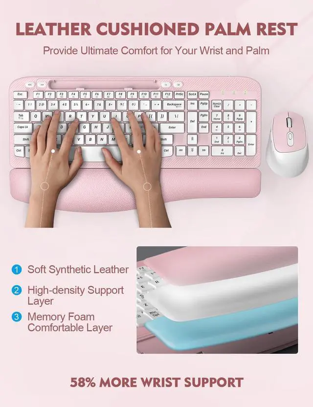 Alt view image 2 of 5 - 2 Pack Wireless Keyboard and Mouse Combo, EAYBLLY Wave Keys Wireless Ergonomic Keyboard with Cushioned Wrist Rest, Phone Holder, 2.4GHz Silent Cordless Keyboard Mouse Set