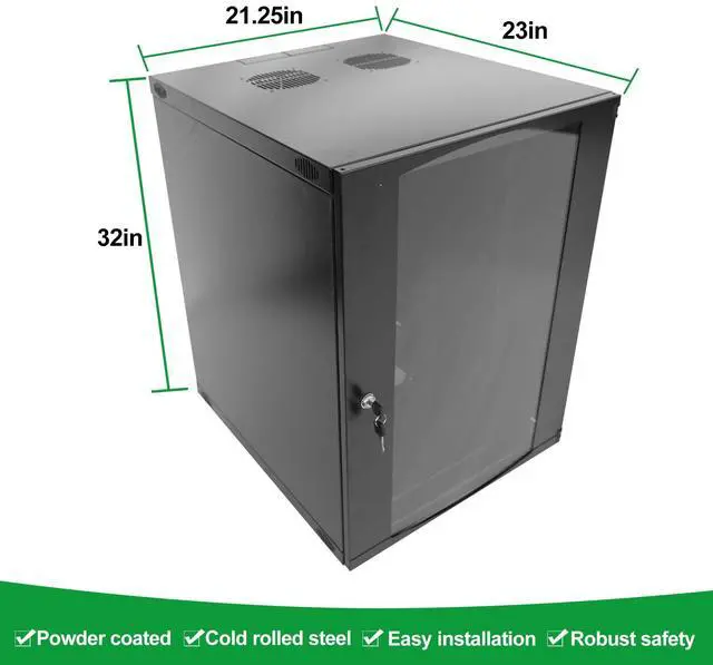 Alt view image 2 of 5 - 15U Server Cabinet Wall Mount Rack Enclosure with Caster Wheels 2 Server Fans Locking Glass Door Removable Side Panels 19" Network Cabinet 15-18.5" Installation Depth Heavy-Duty Frame (32INCH, 15U)