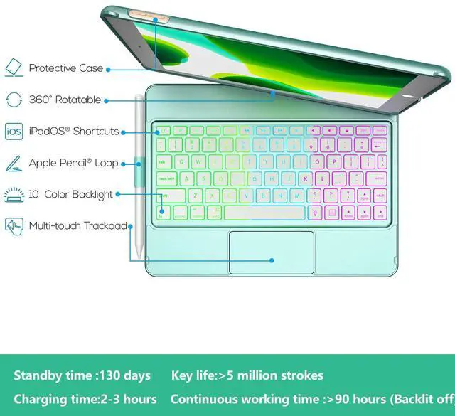 Alt view image 3 of 5 - HOTLIFE Keyboard Case for iPad 10.2 - Keyboard for iPad 9th Generation & 8th & 7th Gen - Touch Keyboard - 360deg Rotatable Protective Cover with Pencil Holder - Backlight Wireless Keyboard for iPad 9