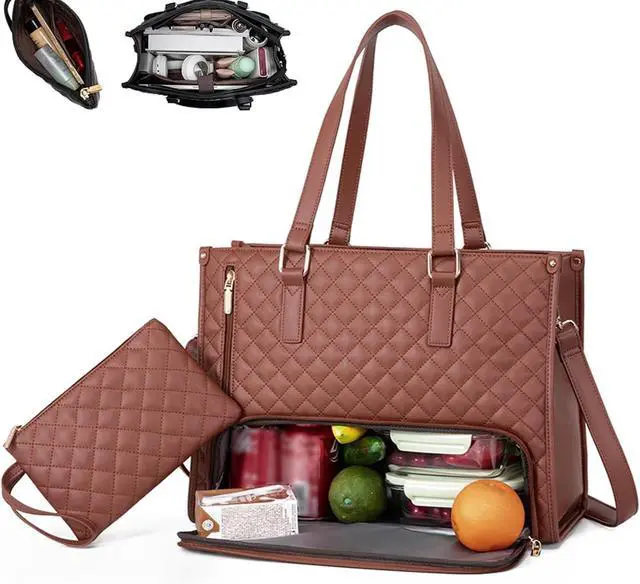 Main image of Laptop Tote Bag with Insulated Lunch Compartment for Women, 15.6 Inch PU Leather Briefcase with Leakproof Lunch Box Pocket (Brown)