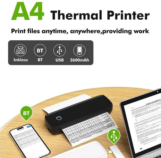 Alt view image 2 of 5 - Portable Thermal Printer, Inkless Mobile Printer with 2600mAh Battery, Bluetooth Mini Thermal Printer for Office Travel Study (Black)