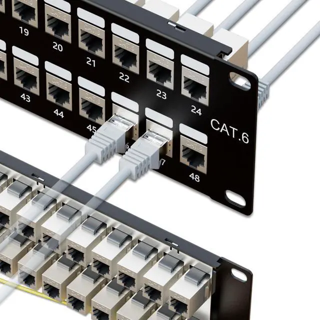 Main image of Iwillink 48 Port RJ45 Through 19-Inch Coupler 2U Cat6 Shielded Patch Panel STP Without Back Bar, Wallmount or Rackmount, Compatible with Cat5, Cat5e, Cat6 Cabling
