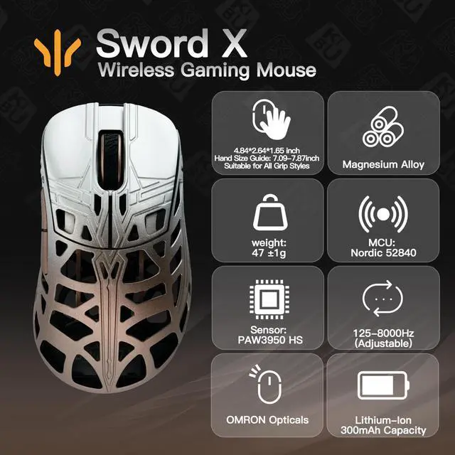 Alt view image 2 of 2 - KEEBMONKEY WLMOUSE Sword X Lightweight Magnesium Alloy Wireless Gaming Mouse - 8KHz Polling Rate, PAW3950 HS Sensor, 50-30000 DPI, OM & TTC Switches (OM Opticals, Silver&Coffee)