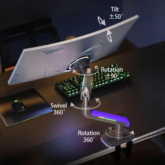 Alt view image 5 of 5 - NB ERGONOMIC RGB Gaming Monitor-Arm for Flat/Ultrawide/Curved Monitors 32 to 60 inch, Heavy Duty Stand Load up to 20 kg, VESA 75/100 mm Monitor-Mount G60-New