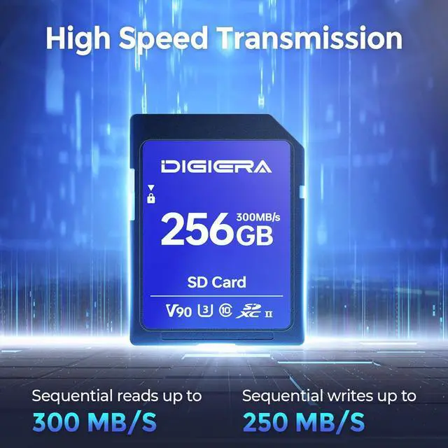 Alt view image 2 of 5 - DIGIERA 256GB LSU200 SDXC UHS-II Memory Card - up to 300MB/s, C10, U3, V90, 8K, SD Card for Computers, Digital Cameras, Home Theatre Devices, Car Navigation Systems (2 Pack)