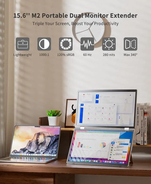 Alt view image 5 of 5 - Laptomo M2 Dual Portable Monitor for Laptop, 15.6 Inch 1080P Laptop Screen Extender, Folding Triple Screen Monitor Extender for Laptop PC Mac Windows with Kickstand, 180degRotation Foldable, VESA
