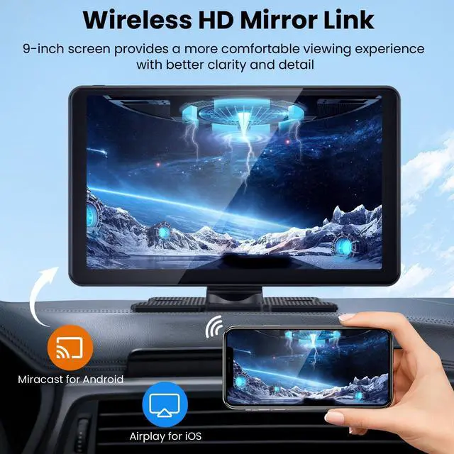 Alt view image 2 of 5 - Wireless Portable Carplay Screen with 4K Dash Cam, 9" HD Touch Screen with A-pple Carplay & Android Auto Car Stereo, with 1080p Backup Camera, GPS Navigation/Mirror Link/Voice Control/Bluetooth