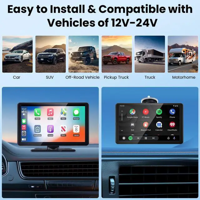 Alt view image 3 of 5 - Wireless Portable Carplay Screen with 4K Dash Cam, 9" HD Touch Screen with A-pple Carplay & Android Auto Car Stereo, with 1080p Backup Camera, GPS Navigation/Mirror Link/Voice Control/Bluetooth